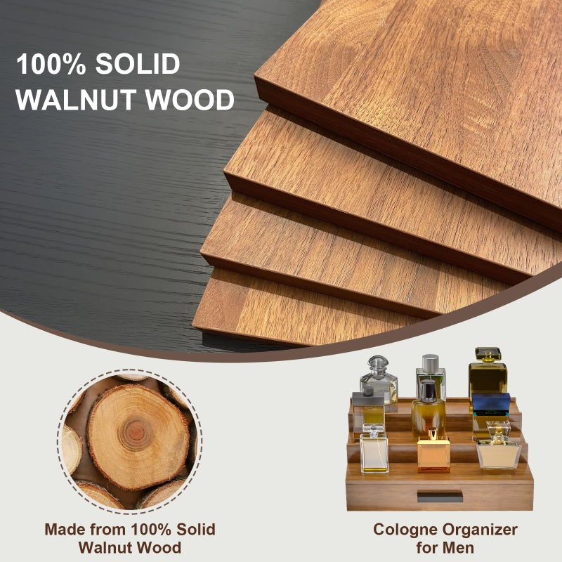 Sueuapp Walnut Wood Cologne Organizer for Men 3 Tier Cologne Stand,Wooden Cologne Holder Display Shelf with Hidden Compartment and Drawer,Perfume Organizer Great Gift for Men - Image 2
