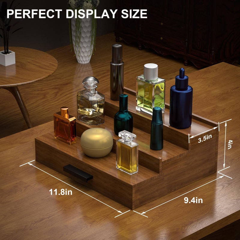 Sueuapp Walnut Wood Cologne Organizer for Men 3 Tier Cologne Stand,Wooden Cologne Holder Display Shelf with Hidden Compartment and Drawer,Perfume Organizer Great Gift for Men - Image 5