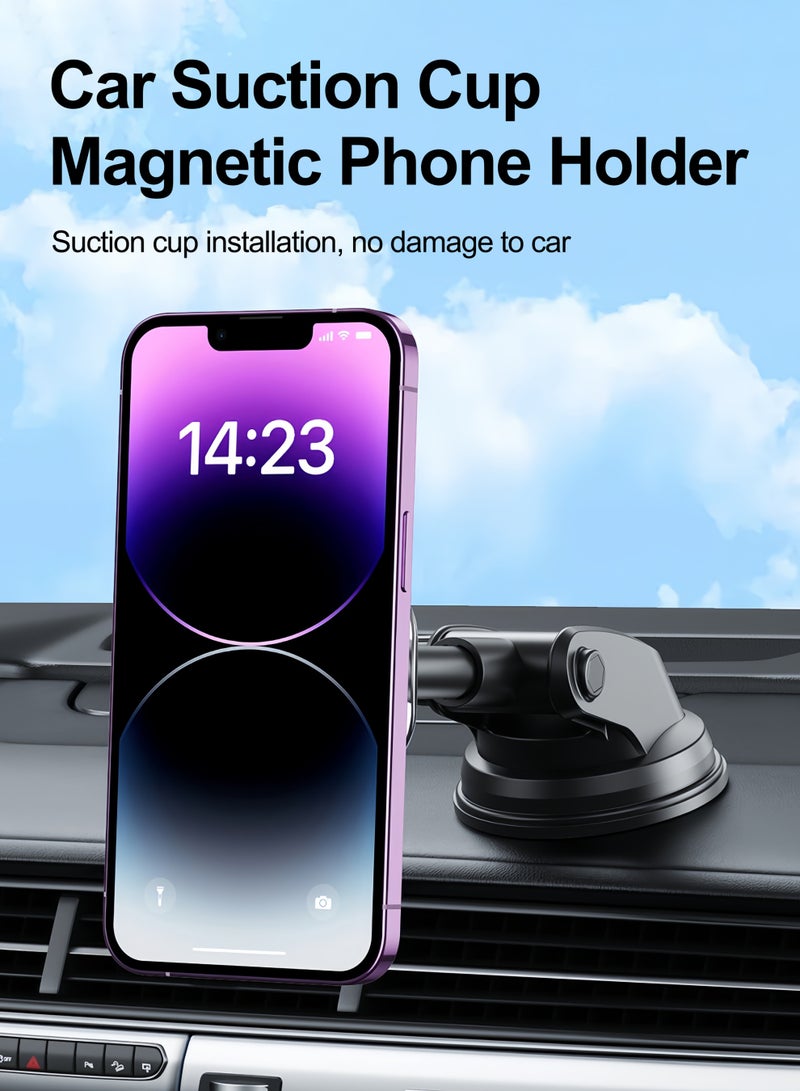 Universal car holder for mobile phone, Suction cup, Mounting on windshield or dashboard, Strong magnetic attraction and equipped with 2 patches, 360 degree rotation, Adjustable length - Image 2