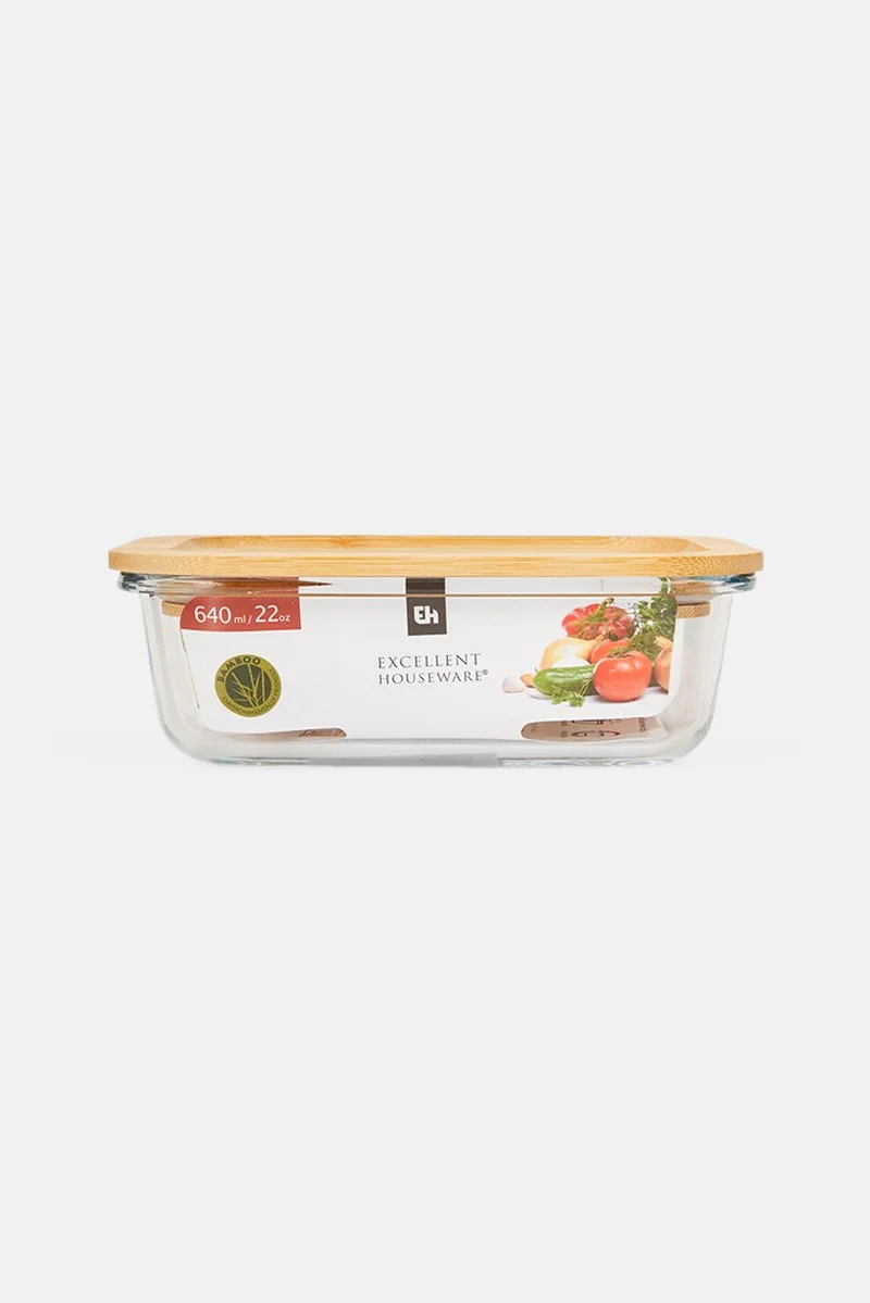 Muy Mucho Glass Food Container With Bamboo Lid 640 ml, Tan/Transparent