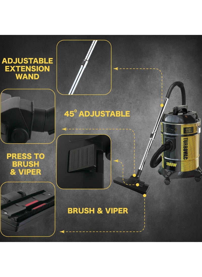 3 in 1 Drum Vacuum Cleaner 1800W 21L Tank, Powerful Suction for Carpet & Floor, with Water Wiper, Dusting Brush, Crevice Tool, Long Power Cord, Washable Filter – Ideal for Home, Office, Mosque Cleaning