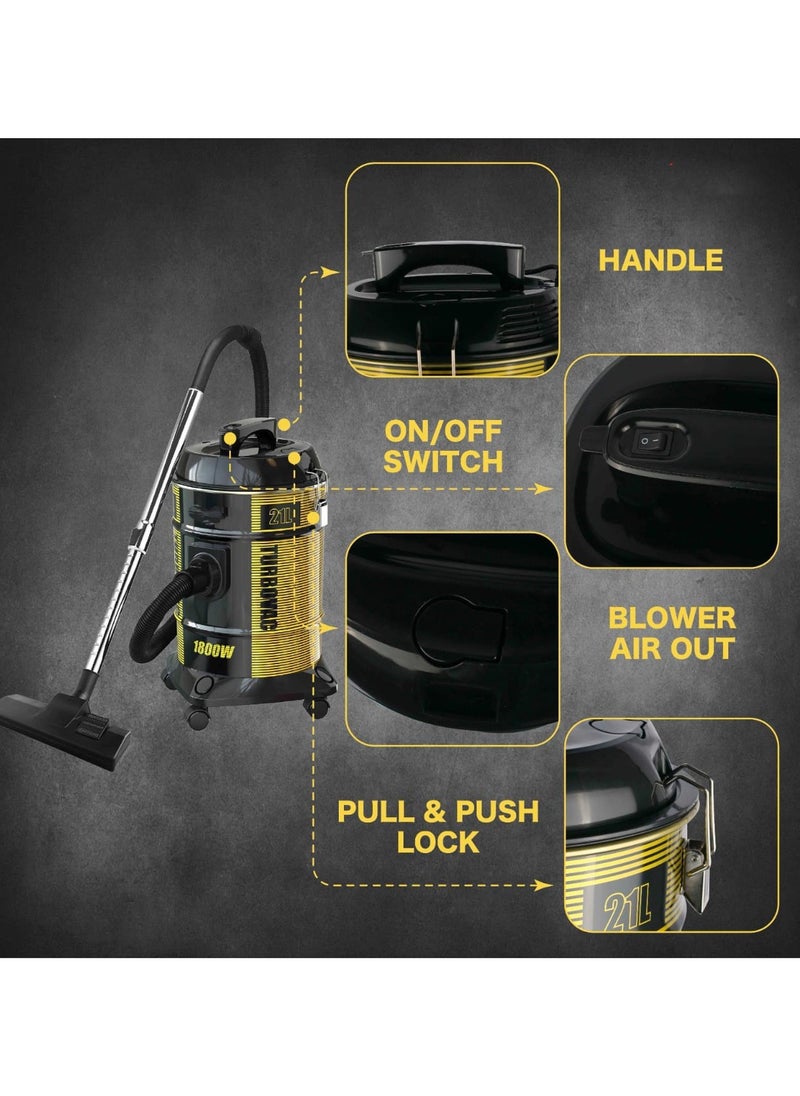3 in 1 Drum Vacuum Cleaner 1800W 21L Tank, Powerful Suction for Carpet & Floor, with Water Wiper, Dusting Brush, Crevice Tool, Long Power Cord, Washable Filter – Ideal for Home, Office, Mosque Cleaning