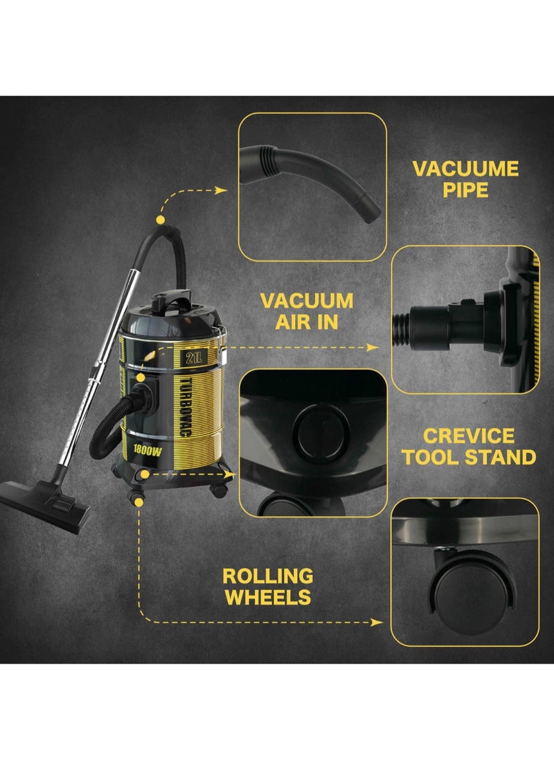 3 in 1 Drum Vacuum Cleaner 1800W 21L Tank, Powerful Suction for Carpet & Floor, with Water Wiper, Dusting Brush, Crevice Tool, Long Power Cord, Washable Filter – Ideal for Home, Office, Mosque Cleaning