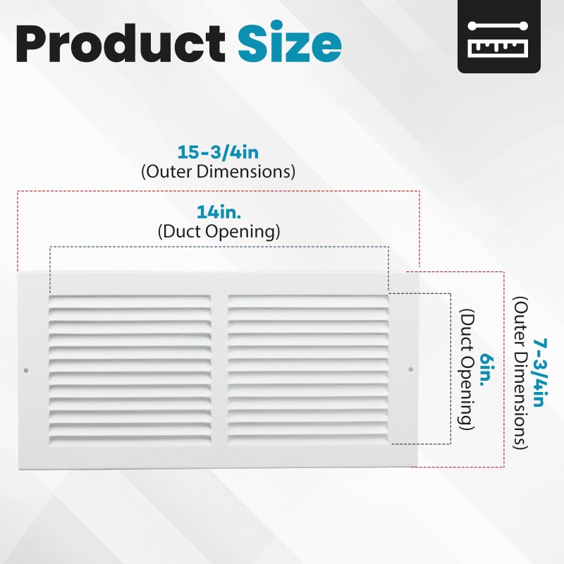 VOISEN Return Air Grille,Fits 14x6 Duct Opening,Steel Return Vent Cover, White Vent Cover Grill for Sidewall and Ceiling,HAVC Cold Air Return Vent Cover,Overall Size:15.8"W X 7.9"H - Image 3