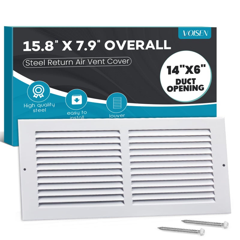 VOISEN Return Air Grille,Fits 14x6 Duct Opening,Steel Return Vent Cover, White Vent Cover Grill for Sidewall and Ceiling,HAVC Cold Air Return Vent Cover,Overall Size:15.8"W X 7.9"H - Image 1