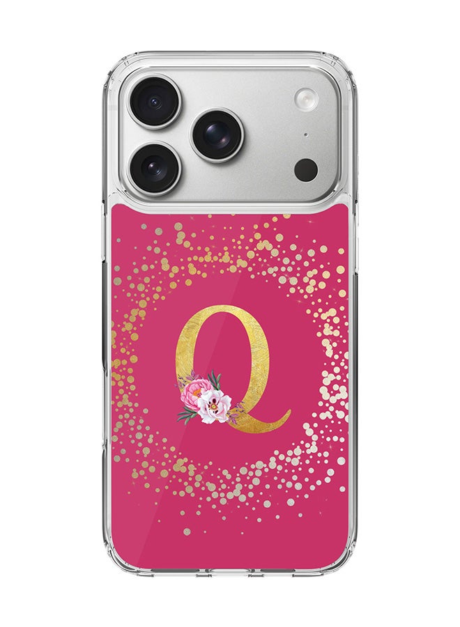 Stylizedd Classic Clear MagSafe Case for iPhone 17 Pro , Hybrid Soft Case Flexible Edges Anti Drop TPU PC Gel Thin Transparent Cover [ Designed for iPhone 17 Pro ] - Custom Monogram Initial Letter Floral Pattern Alphabet - Q ( Deep Pink Rose )