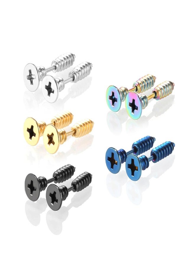 FORUBUS Punk Titanium Steel Screw Nail Stud Earrings for Women Men Streetwear Jewelry, Egirl Eboy Rock Party Jewelry-5pairs - Image 1