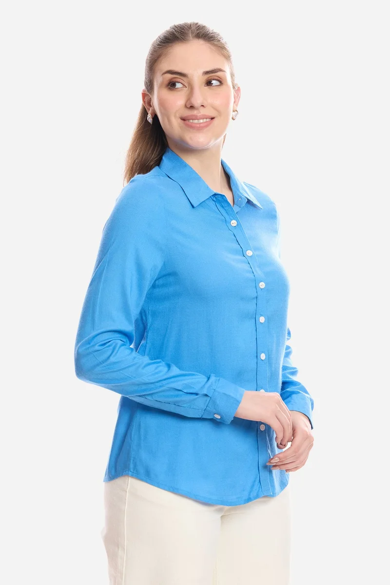 Virgio Blue Solid Viscose Button Down Shirt for Women for Women | Best Price UAE