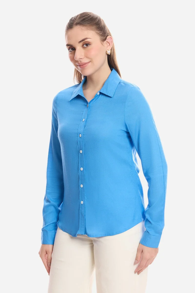 Virgio Blue Solid Viscose Button Down Shirt for Women for Women | Best Price UAE