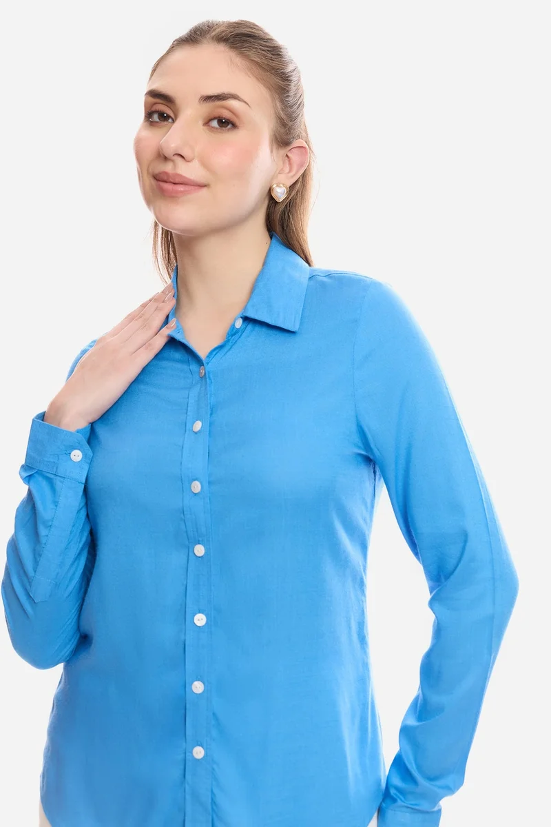 Virgio Blue Solid Viscose Button Down Shirt for Women for Women | Best Price UAE
