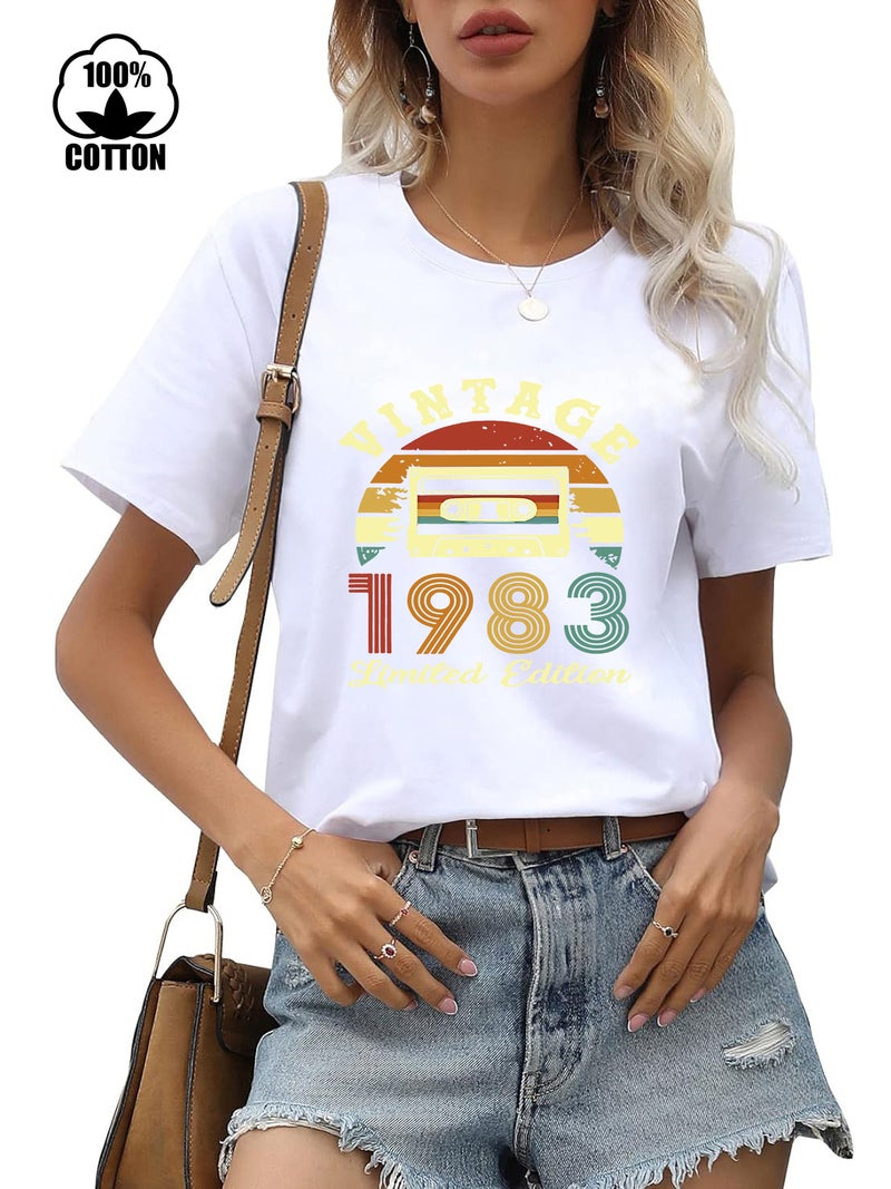 220g pure cotton short sleeved T-shirt collar dopamine tshirt female 1983 printed t-shirt - Image 1