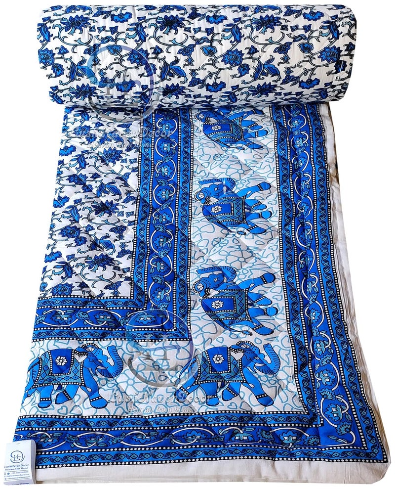 LushHavenDecor LushHavenDecor Jaipuri Razai Double Bed Computerized Quilting Soft and Breathable Cotton Comforter Quilt Rajai Blanket Dohar Size 85X100 inch Blue Elephant Pack of 1  - Image 4