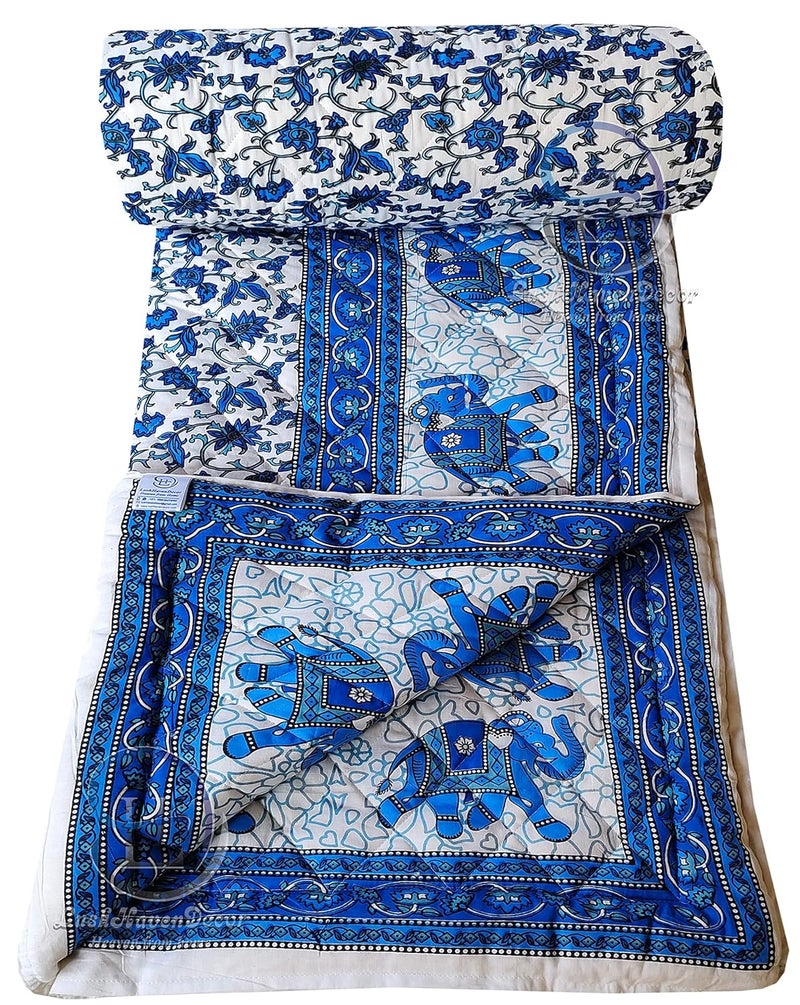 LushHavenDecor LushHavenDecor Jaipuri Razai Double Bed Computerized Quilting Soft and Breathable Cotton Comforter Quilt Rajai Blanket Dohar Size 85X100 inch Blue Elephant Pack of 1  - Image 3