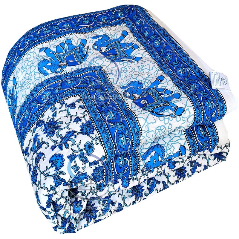 LushHavenDecor LushHavenDecor Jaipuri Razai Double Bed Computerized Quilting Soft and Breathable Cotton Comforter Quilt Rajai Blanket Dohar Size 85X100 inch Blue Elephant Pack of 1  - Image 1