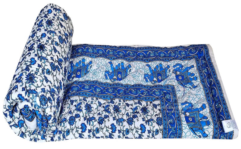 LushHavenDecor LushHavenDecor Jaipuri Razai Double Bed Computerized Quilting Soft and Breathable Cotton Comforter Quilt Rajai Blanket Dohar Size 85X100 inch Blue Elephant Pack of 1  - Image 5