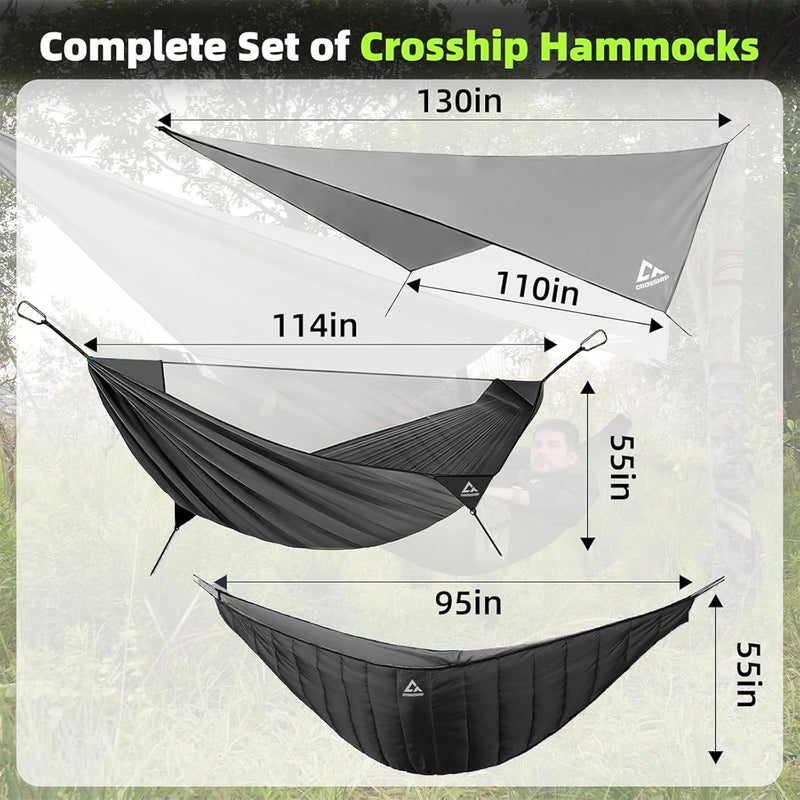 CROSSHIP Camping Hammock with Mosquito Net & Hammock Underquilt and Rain Fly Tarp - Portable for Indoor, Outdoor, Hiking, Backpacking, Backyard, Beach & Travel (Hold Up to 500lbs) - Black - Image 2
