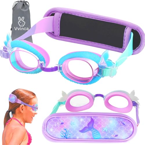 Vvinca Kids Swim Goggles with Pain-Free Fabric Strap Cover, No Hair Pulling, Anti-Fog Swimming Goggles UV Protection No Leaking for Toddlers Kids Girls Boys Age 3-8(Purple) - Image 1