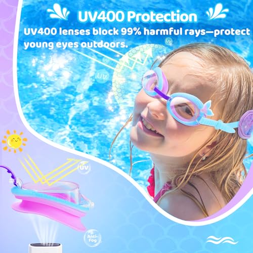 Vvinca Kids Swim Goggles with Pain-Free Fabric Strap Cover, No Hair Pulling, Anti-Fog Swimming Goggles UV Protection No Leaking for Toddlers Kids Girls Boys Age 3-8(Purple) - Image 3