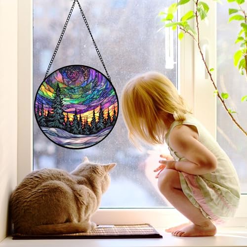 DASTOLL Stained Glass Window Hanging, Van Gogh Night Scene Sun Catchers Colorful Glass Panel Starry Sky Suncatcher Decor for Birthday for Women, Men, Wife, Aunt, and Mom 9.8 in - Image 2