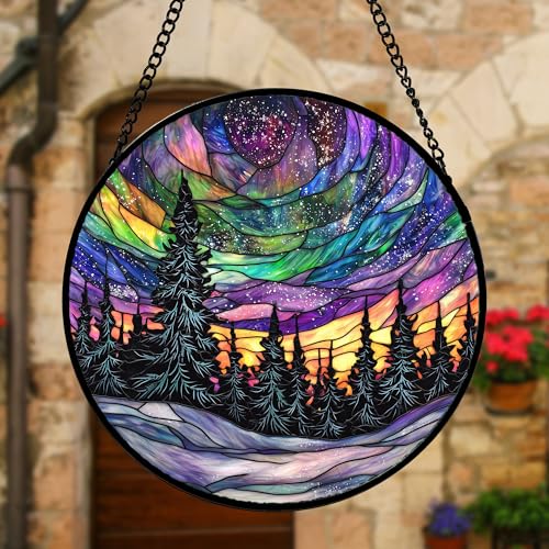DASTOLL Stained Glass Window Hanging, Van Gogh Night Scene Sun Catchers Colorful Glass Panel Starry Sky Suncatcher Decor for Birthday for Women, Men, Wife, Aunt, and Mom 9.8 in - Image 4