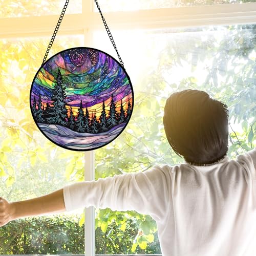 DASTOLL Stained Glass Window Hanging, Van Gogh Night Scene Sun Catchers Colorful Glass Panel Starry Sky Suncatcher Decor for Birthday for Women, Men, Wife, Aunt, and Mom 9.8 in - Image 3