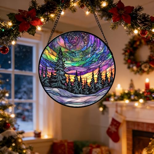 DASTOLL Stained Glass Window Hanging, Van Gogh Night Scene Sun Catchers Colorful Glass Panel Starry Sky Suncatcher Decor for Birthday for Women, Men, Wife, Aunt, and Mom 9.8 in - Image 5