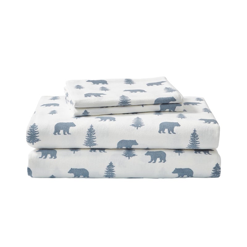 Eddie Bauer - Flannel Sheets Twin Size, Anti-Pilling & Wrinkle Resistant Cotton, Touchably Soft for All-Season Comfort - Bed Sheets with Matching Pillowcase & Fitted Sheet (Bears and Trees Blue) - Image 1