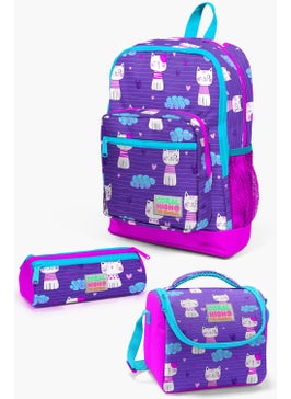 CORAL HIGH Kids Purple Pink Cat Patterned 3-Piece School Bag Set SET0123464  - Image 1