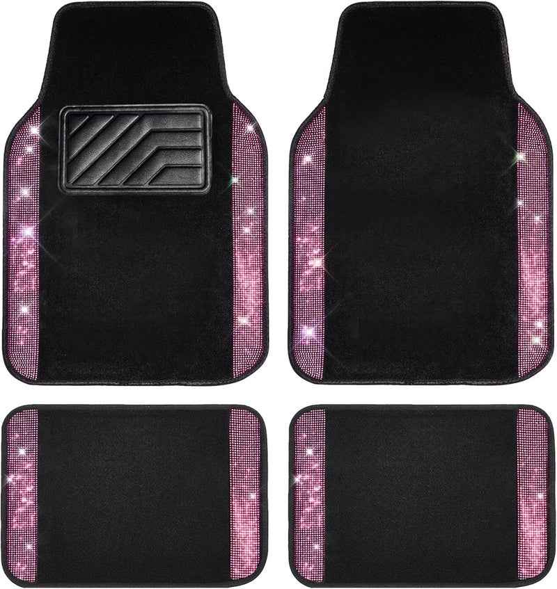 CAR PASS Bling Diamond Car Floor Mat Set with Rhinestones - 4pcs Anti-Slip Mats for SUV, Sedan, and Van - Black Pink - Image 1