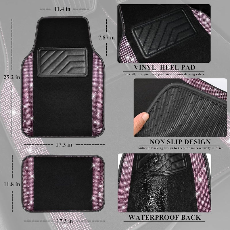 CAR PASS Bling Diamond Car Floor Mat Set with Rhinestones - 4pcs Anti-Slip Mats for SUV, Sedan, and Van - Black Pink - Image 5