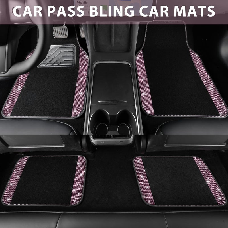 CAR PASS Bling Diamond Car Floor Mat Set with Rhinestones - 4pcs Anti-Slip Mats for SUV, Sedan, and Van - Black Pink - Image 3