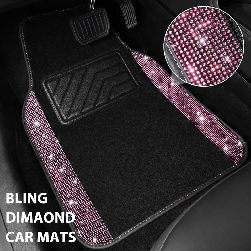 CAR PASS Bling Diamond Car Floor Mat Set with Rhinestones - 4pcs Anti-Slip Mats for SUV, Sedan, and Van - Black Pink - Image 2