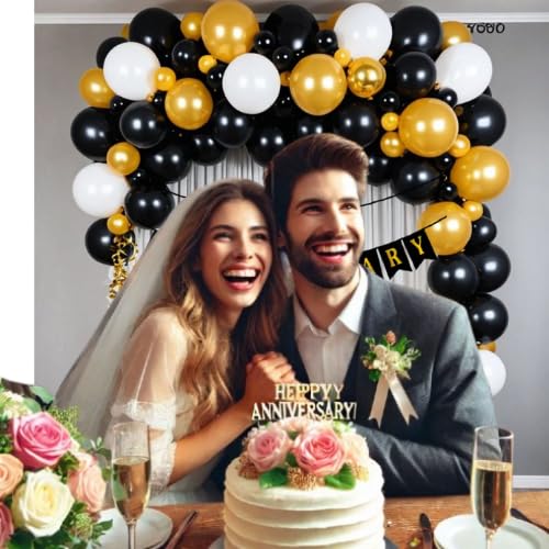 ARV Anniversary Decoration Kit Happy Anniversary Backdrop Each 10 Pcs of Golden White and Black Balloons 1 Led Light 2 Pcs Hooks 1 Curtain for Weddings and Special Occasions 40 Pcs Kit  - Image 2