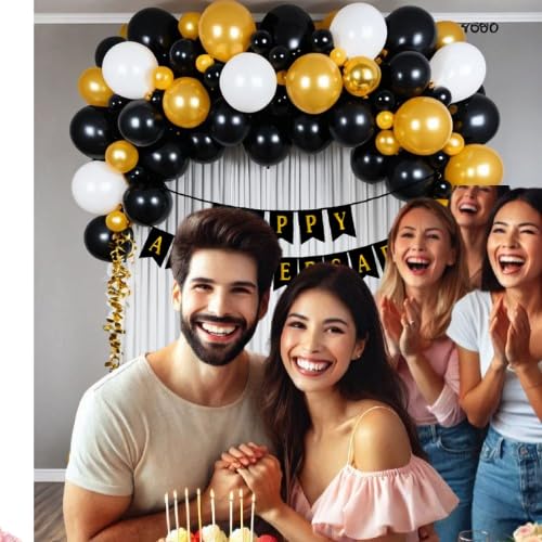 ARV Anniversary Decoration Kit Happy Anniversary Backdrop Each 10 Pcs of Golden White and Black Balloons 1 Led Light 2 Pcs Hooks 1 Curtain for Weddings and Special Occasions 40 Pcs Kit  - Image 3