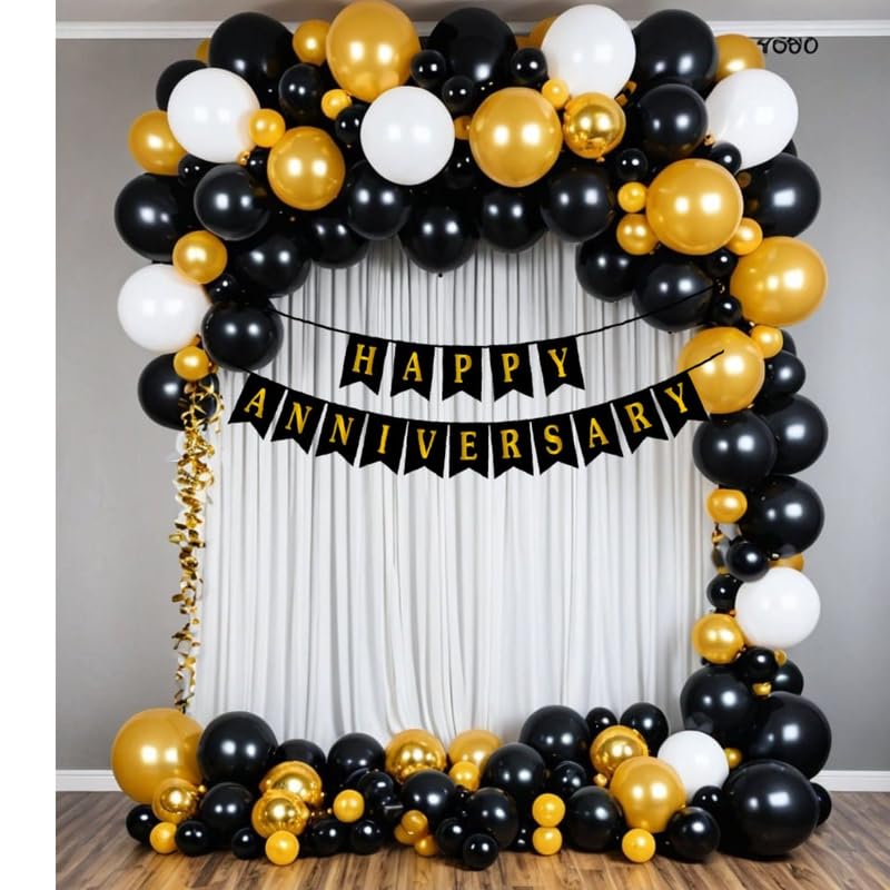 ARV Anniversary Decoration Kit Happy Anniversary Backdrop Each 10 Pcs of Golden White and Black Balloons 1 Led Light 2 Pcs Hooks 1 Curtain for Weddings and Special Occasions 40 Pcs Kit  - Image 1