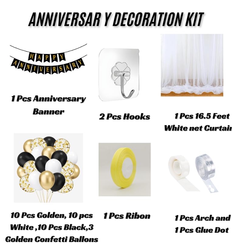 ARV Anniversary Decoration Kit Happy Anniversary Backdrop Each 10 Pcs of Golden White and Black Balloons 1 Led Light 2 Pcs Hooks 1 Curtain for Weddings and Special Occasions 40 Pcs Kit  - Image 4