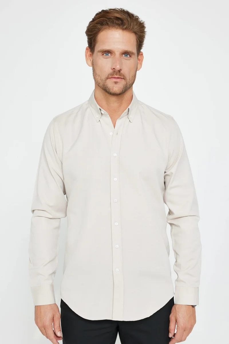 Tudors Slim Fit Long Sleeve Slim Fit Button Collar Cotton Plain Oxford Stone Color Men's Shirt