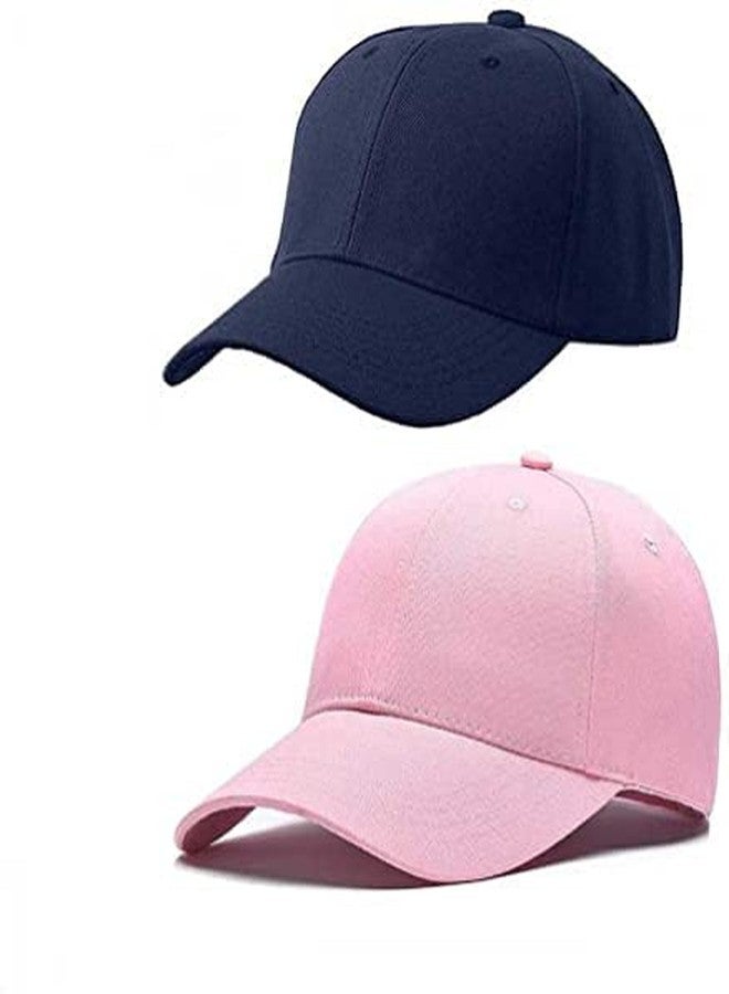 pass pass Plain Cotton Adjustable Baseball Cap for Men and Women, Pack of 2 (Blue & Pink) - Image 1