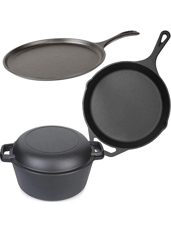 Premify 4pcs Cast Iron Cookware Set, Dutch Oven With Lid + Griddle + Skillet/Frying Pan Set. Pre-Seasoned Cast Iron Cooking Set, Perfect Cookware For Indoor & Outdoor Use  - Image 1