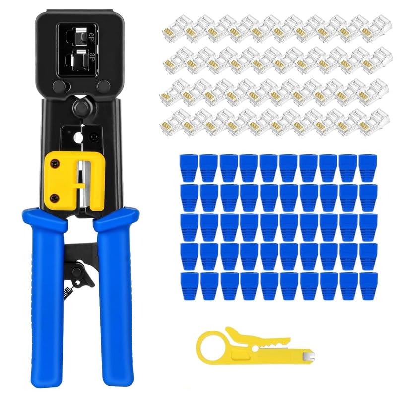 COOLCOLD Tool Kit RJ45, Wire Cutter, Pass Through Cat5 Cat5e Cat6 Professional Heavy Duty Crimping tool with 50pcs Pass Through Connectors, 50pcs Boot, 1 Cable Stripper - Image 1