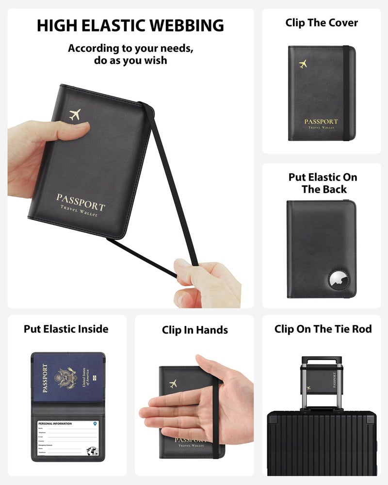 Stouchi AirTag Passport Holder, Slim Passport Holder Family with Airtag Slot, RFID Passport Wallet Cover for Men, PU Leather Passport Case, Anti-Lost Travel Accessories, Black - Image 4