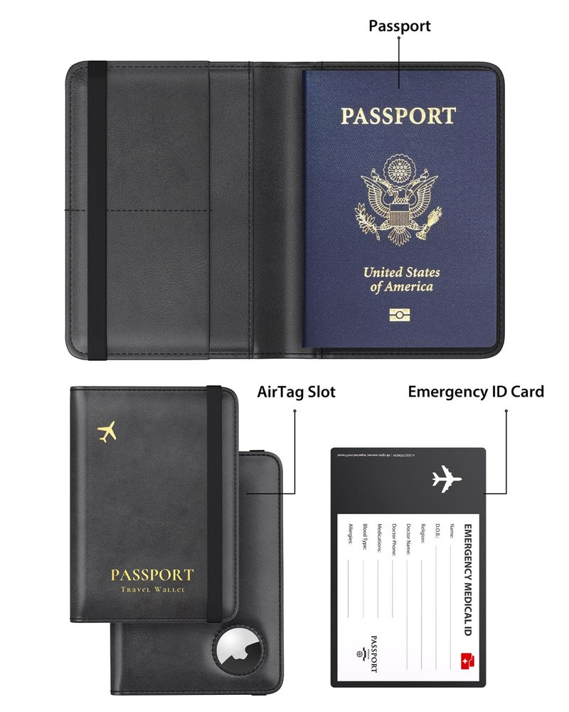 Stouchi AirTag Passport Holder, Slim Passport Holder Family with Airtag Slot, RFID Passport Wallet Cover for Men, PU Leather Passport Case, Anti-Lost Travel Accessories, Black - Image 2