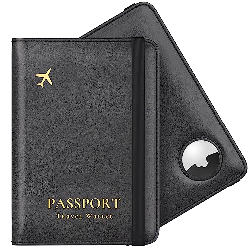 Stouchi AirTag Passport Holder, Slim Passport Holder Family with Airtag Slot, RFID Passport Wallet Cover for Men, PU Leather Passport Case, Anti-Lost Travel Accessories, Black - Image 1