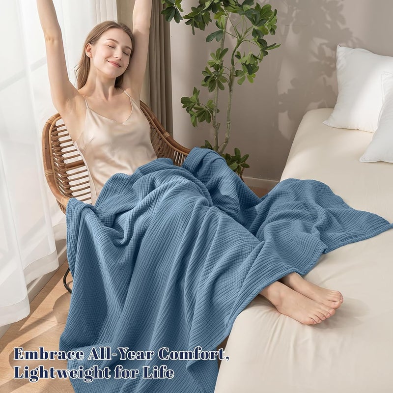 PHF 100% Cotton Muslin Throw XL Blanket Large 50" x 70", 4-Layer Lightweight Gauze Throw, Breathable Cloud-Soft Minimalist Blanket for Bed, Couch, Camping & Baby, Denim Blue - Image 2