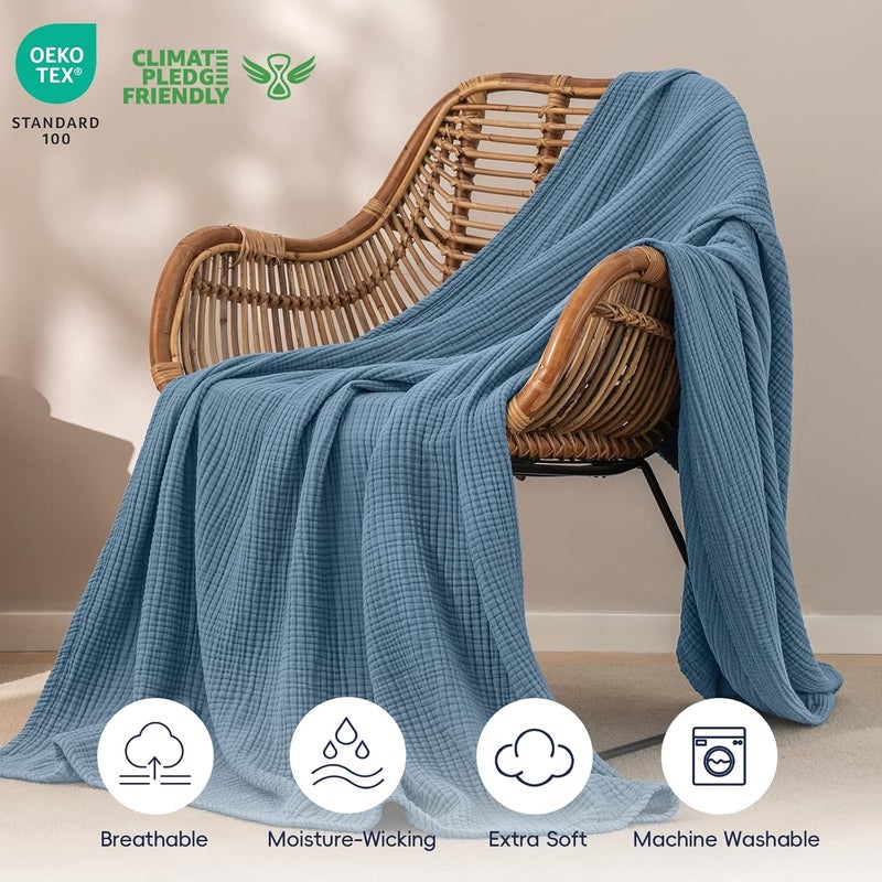 PHF 100% Cotton Muslin Throw XL Blanket Large 50" x 70", 4-Layer Lightweight Gauze Throw, Breathable Cloud-Soft Minimalist Blanket for Bed, Couch, Camping & Baby, Denim Blue - Image 5