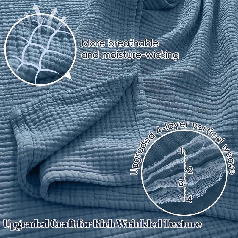 PHF 100% Cotton Muslin Throw XL Blanket Large 50" x 70", 4-Layer Lightweight Gauze Throw, Breathable Cloud-Soft Minimalist Blanket for Bed, Couch, Camping & Baby, Denim Blue - Image 3