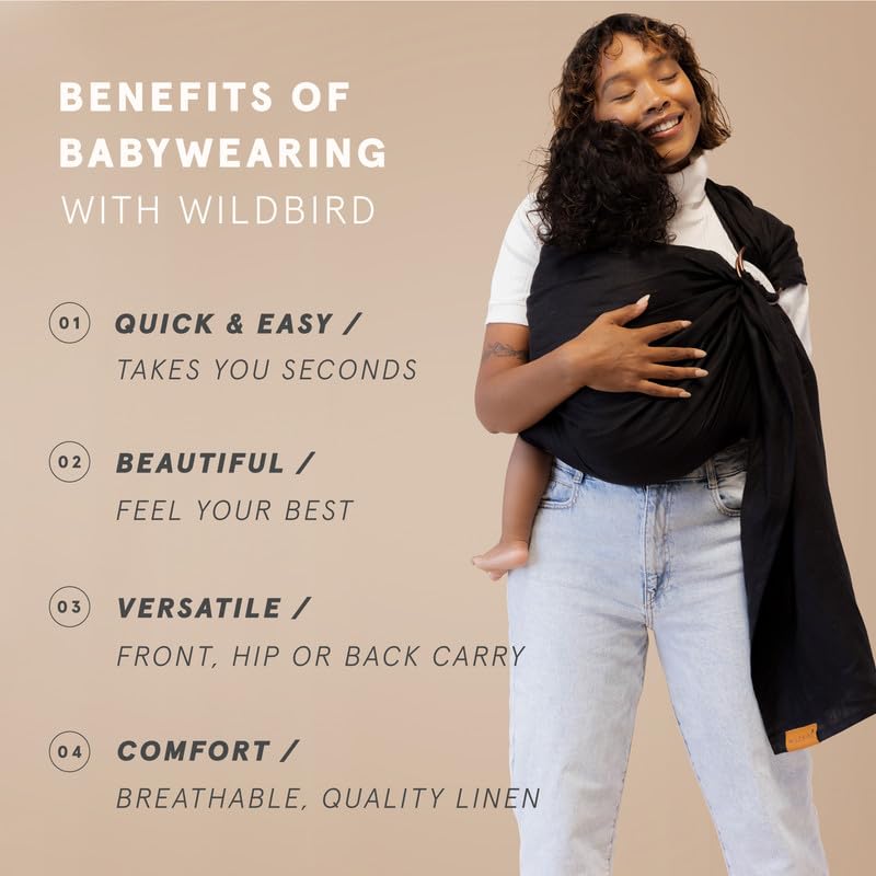 WildBird - Ring Sling Baby Carrier - 0-36 Months (up to 35 lbs) - Standard (74") Raven & Black Ring - Front, Hip or Back Carry - Adjustable Fit - Natural Linen - Baby Essentials - New Mom Gifts - Image 3