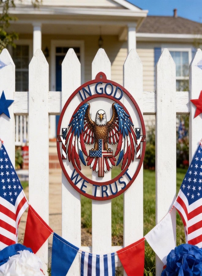 GAGEC 13 Inch Eagle Decor Outdoor 4th of July Independence Day Metal Wreath Patriotic American God Bless Eagle Sign for Front Door Porch Yard Blue Red White Decoration Wall Art Decor - Image 2