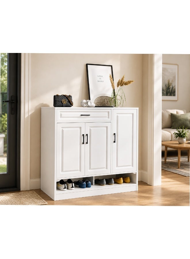 keke Wooden Shoe Cabinet | Shoe Storage Cabinet with Drawer | 3 Door Entryway Shoe Rack Organizer | Modern Space Saving Shoe Organizer for Home, Hallway & Living Room | White | 90 CM - Image 1