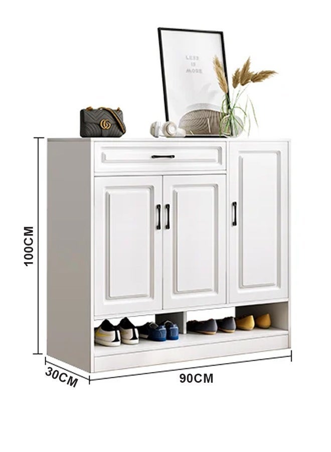 keke Wooden Shoe Cabinet | Shoe Storage Cabinet with Drawer | 3 Door Entryway Shoe Rack Organizer | Modern Space Saving Shoe Organizer for Home, Hallway & Living Room | White | 90 CM - Image 5